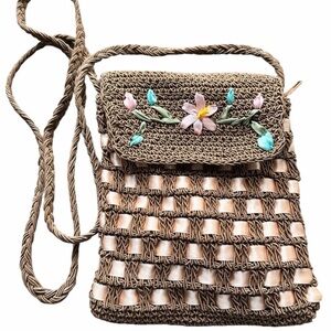 Woven Floral Embroidered Crossbody Bag Color: Brown NWOT